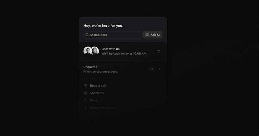 Widget with search, AI chat, live chat, and docs