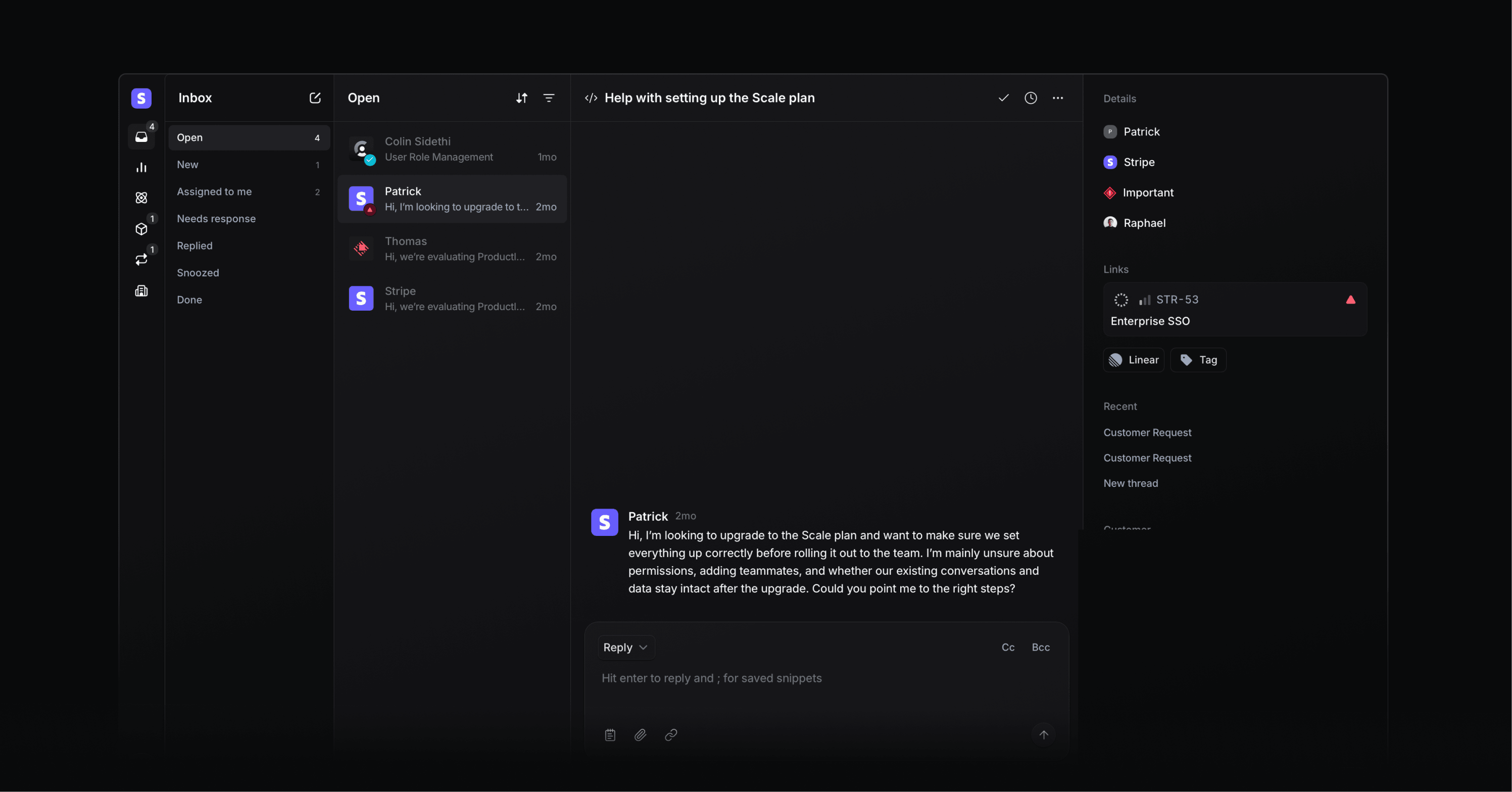Productlane inbox showing email, chat, and Slack conversations in one view